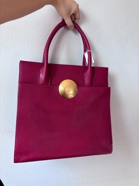 Structured Fuchsia Leather Tote with Gold Disc Accent